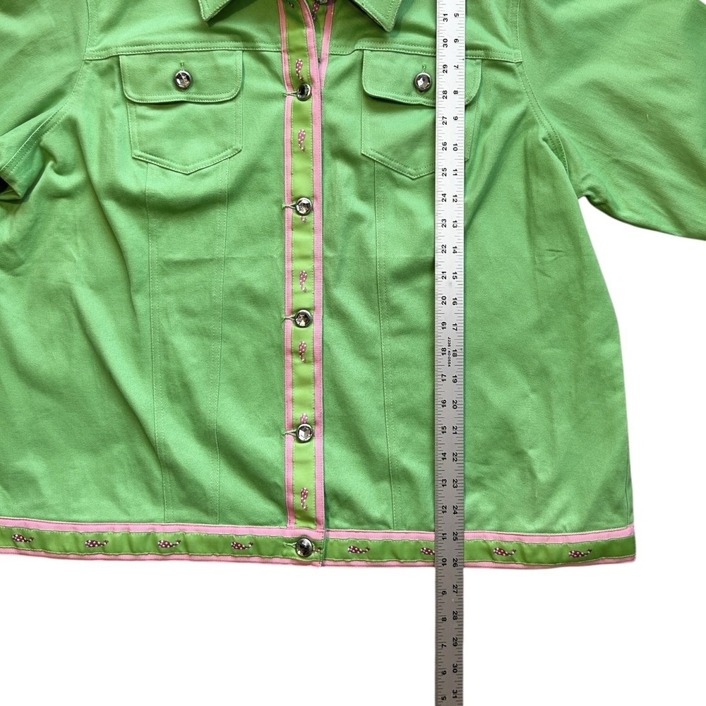 QUACKER FACTORY Green Jacket sz 1X Grosgrain Ribbon Pink Whale Trim Resortwear - Picture 5 of 11